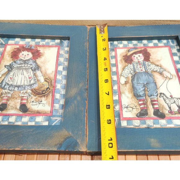 Set of VTG Rustic Signed Raggedy Ann & Raggedy Andy Blue Wooden Framed Prints - Picture 14 of 15